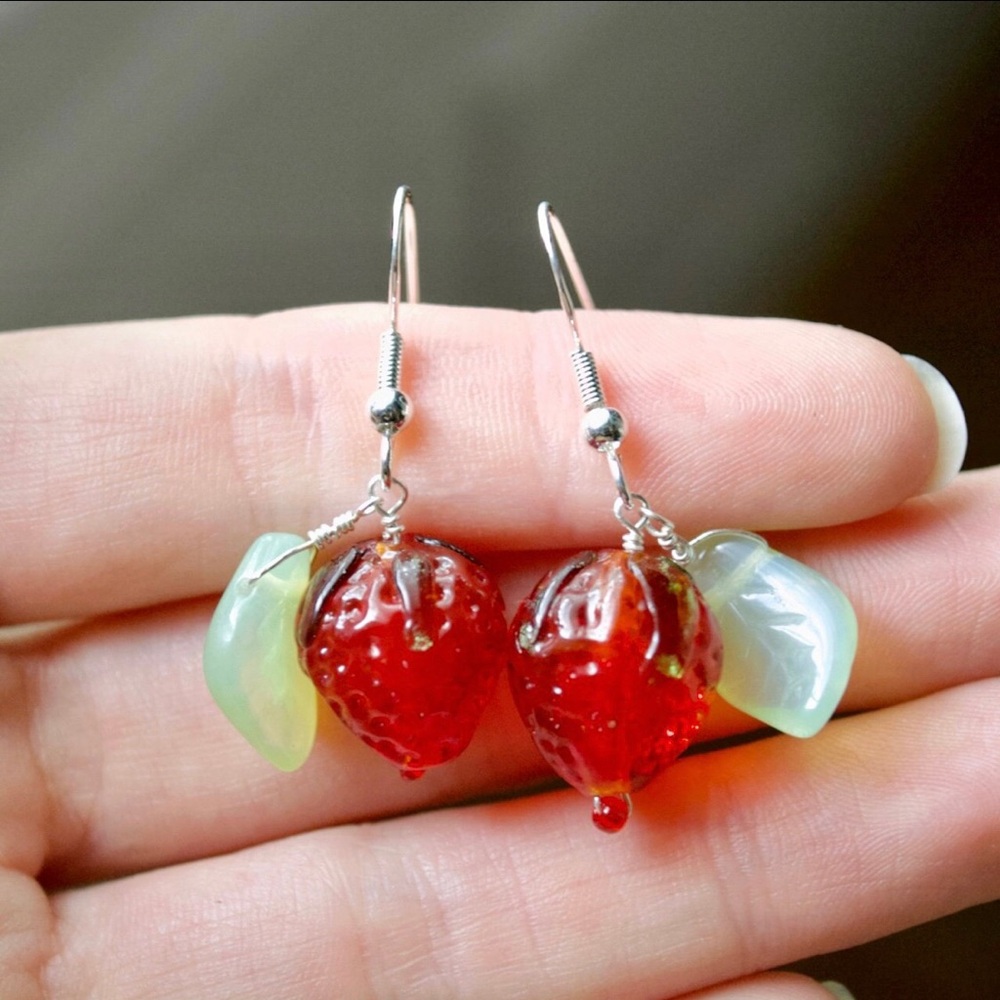 925 Solid Sterling Silver Glass Strawberry Lamp Work Earrings